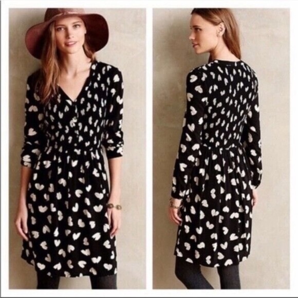 Anthropologie Dresses & Skirts - Anthropologie Maeve Small Banet black/white heart print smocked dress